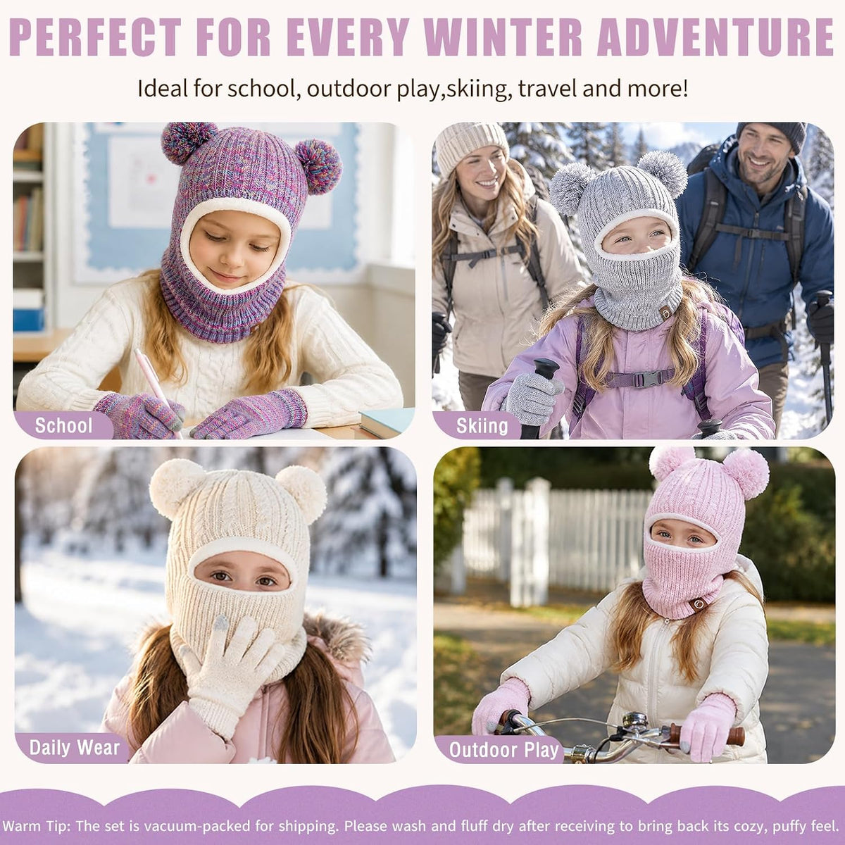 Kids Winter Hat Gloves Scarf Set Thicken Warm Fleece Lined Balaclava 3-8Y