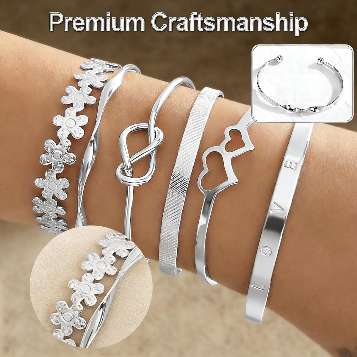 6 Pcs Silver Stackable Bracelets Set For Women Adjustable Open Cuff Bangles Flower Heart Knot Love Chain Trendy Layering Jewelry Gift Gold Plated Bracelets