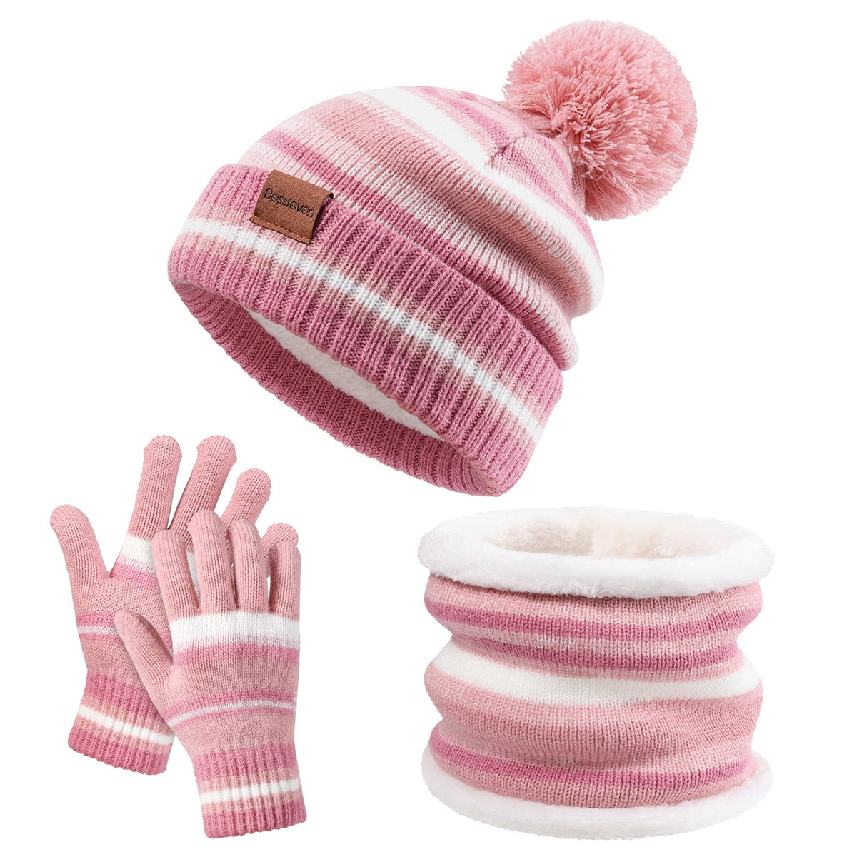 Kids Winter Hat Gloves Scarf Set: Girls Boys Beanie Fleece Lined Ages 6-10
