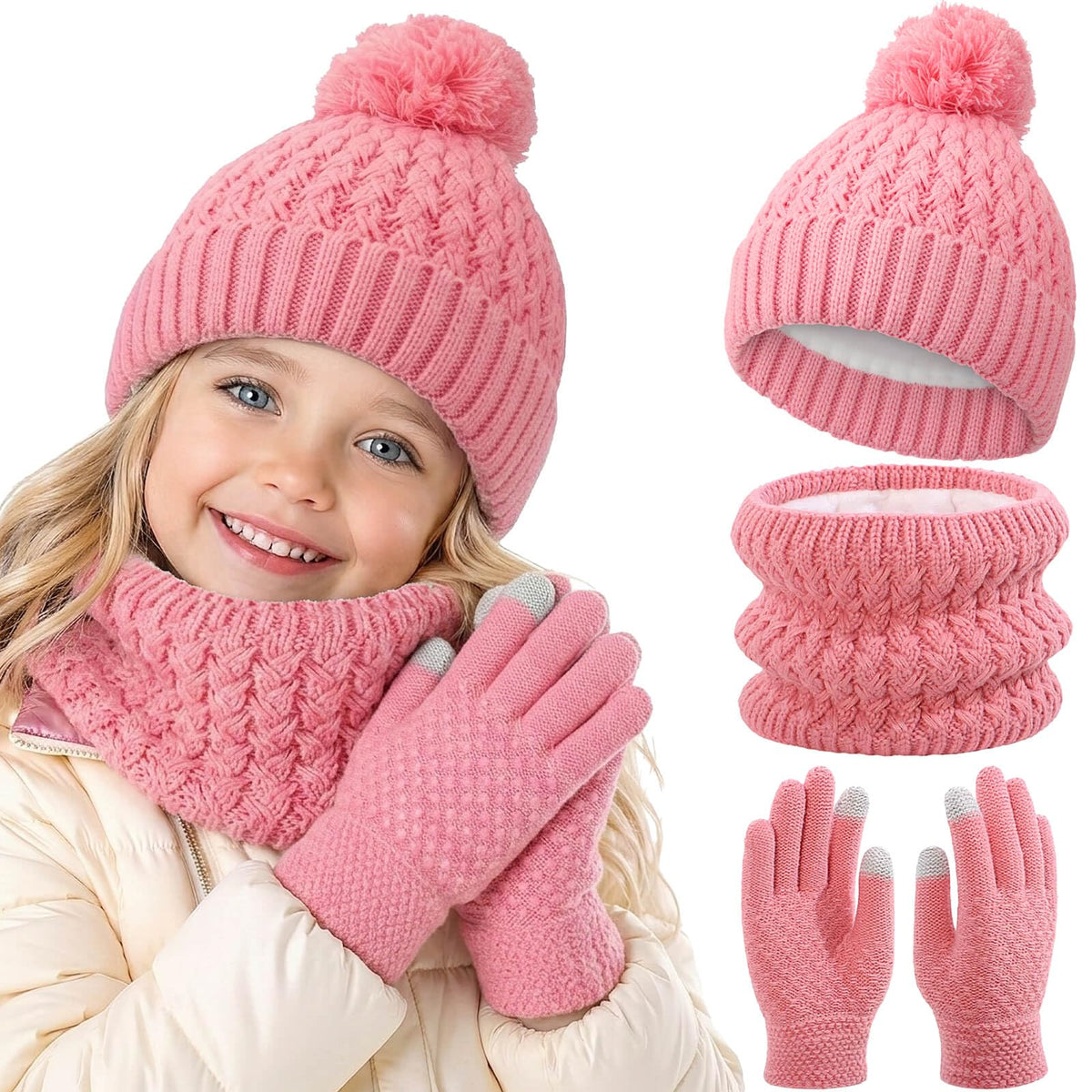 BQUBO Kids Winter Hat Gloves Scarf Set, Unisex Children Beanie Hat with Pom