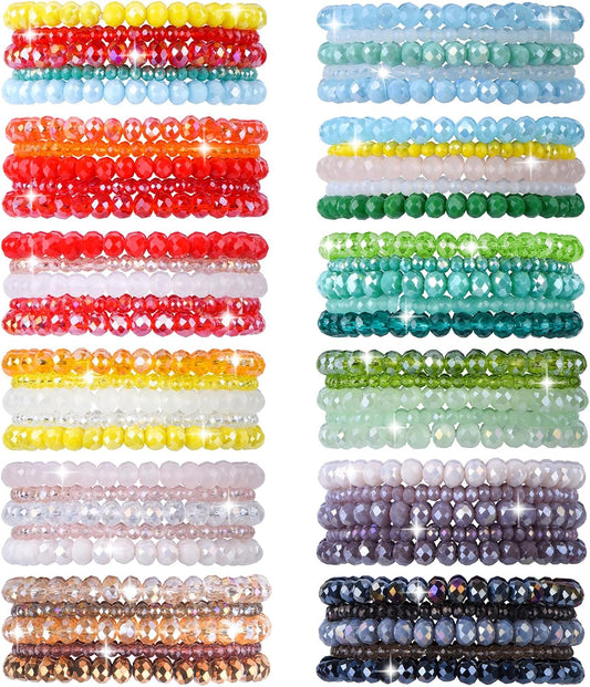 60 Pcs Crystal Beaded Bracelets Bulk, Colorful Stretch Bracelets for Women