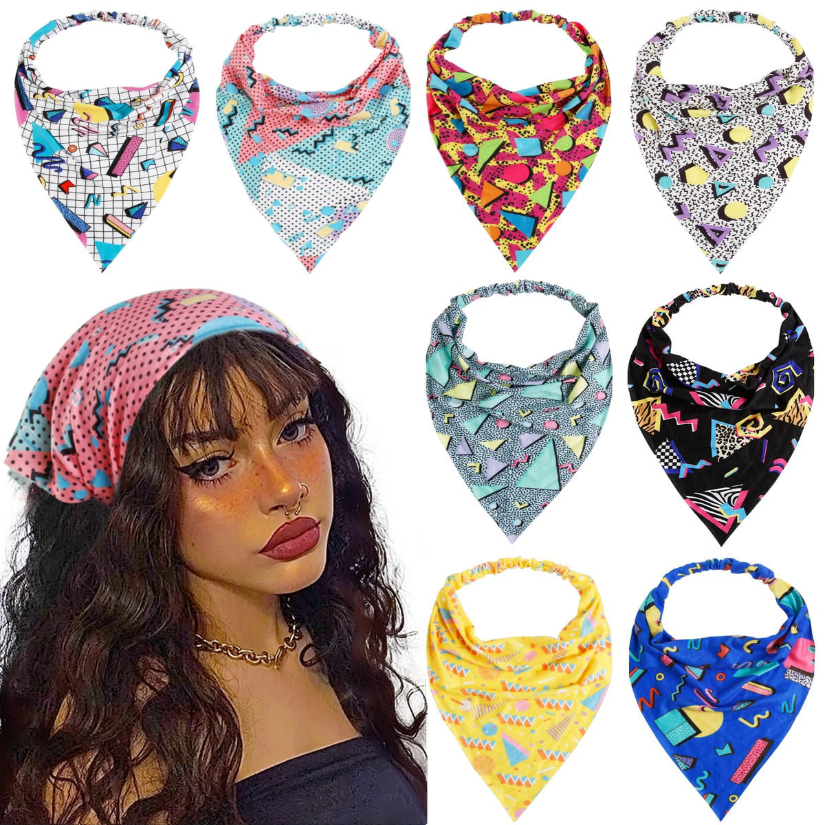 WOVOWOVO 8 Pcs Hair Scarf Headband for Women Girls Non Slip Elastic Boho Triangle Head Scarf Bandana