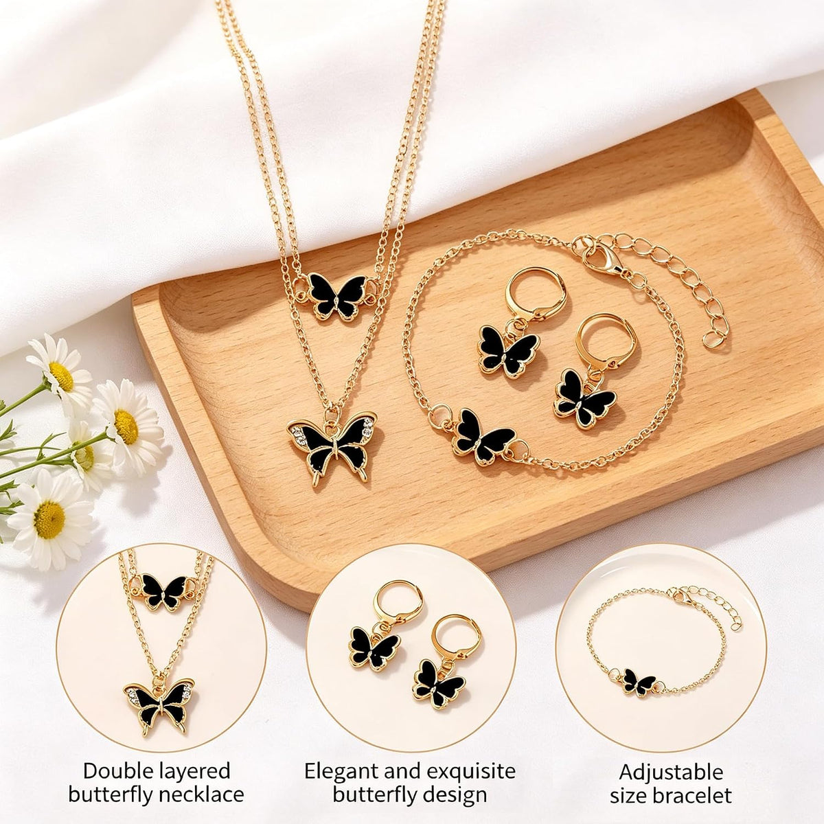 4 Pcs Butterfly Jewelry Set for Women - Shining Rose Gold Plated Necklace, Earrings & Ring Set, Valentines Day Gift for Her, Mothers Day, Birthday, Wedding, Anniversary