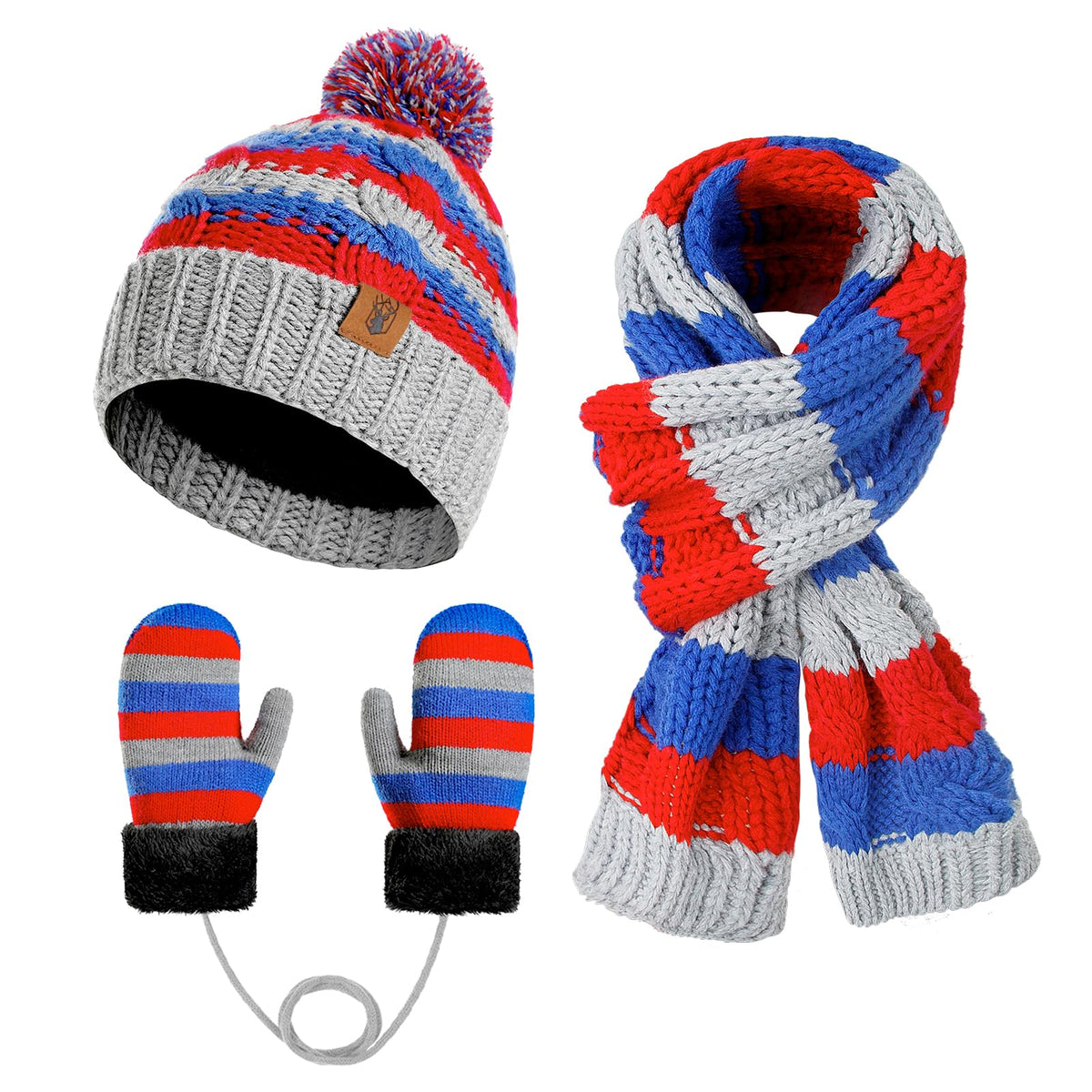 Kids Winter Pompom Beanie Hat Toddler Scarf Gloves Set for Boys and Girls