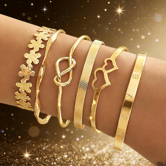 6 Pcs Gold Stackable Bracelets Set For Women Adjustable Open Cuff Bangles Flower Heart Knot Love Chain Trendy Layering Jewelry Gift Gold Plated Bracelets Bracelet