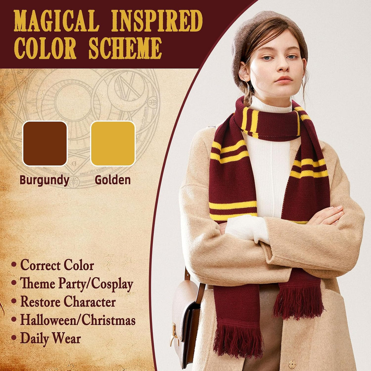 Burgundy and Gold Striped Knit Scarf – Soft Acrylic Winter Scarf for Women, Men, Kids – Classic Magic College Style for Halloween Cosplay, Fall Parties, Wizard Costume Accessory