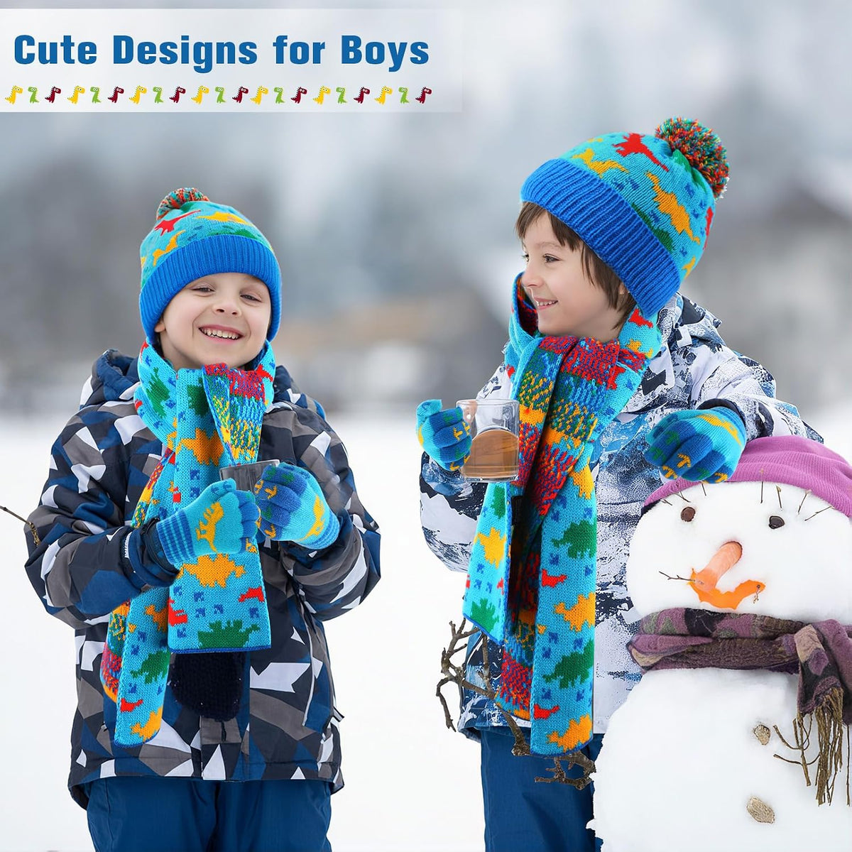 Kids Winter Hat Scarf Gloves Set Dinosaur Knit