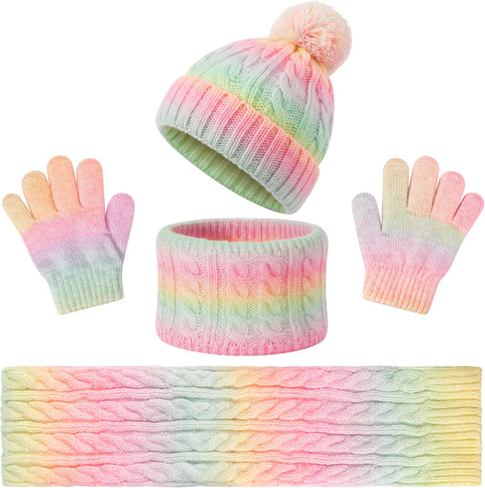 Kids Hat Gloves Scarf - 4pcs Winter Beanie Neck Warm Set for Girls, Lining Knitted Fleece Scarf Warmer Mitten Kit for Toddler Children Child Boy Age 3-15 Christmas Gift (Pink Yellow Gradient)