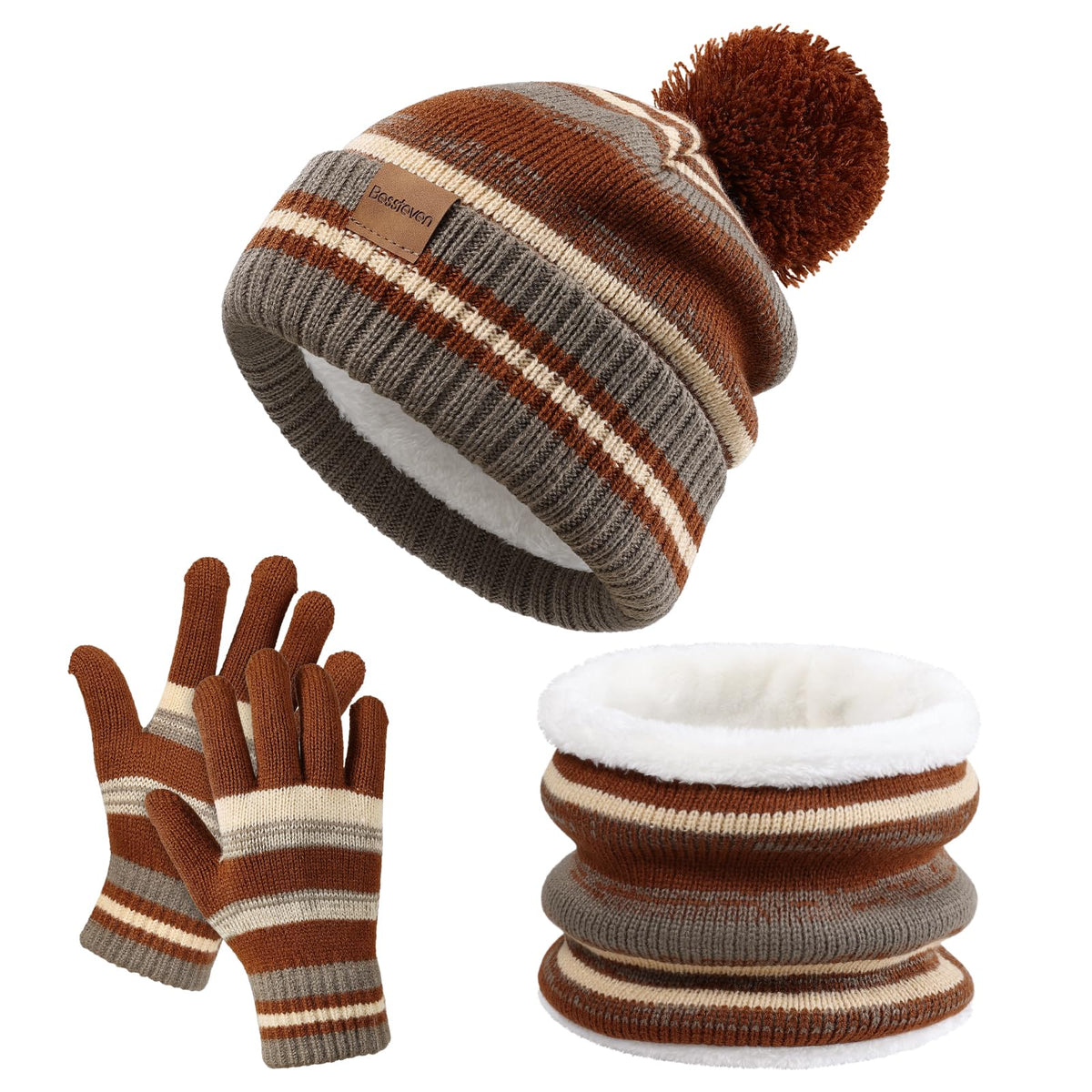 Kids Winter Hat Gloves Scarf Set: Girls Boys Beanie Fleece Lined Ages 6-10