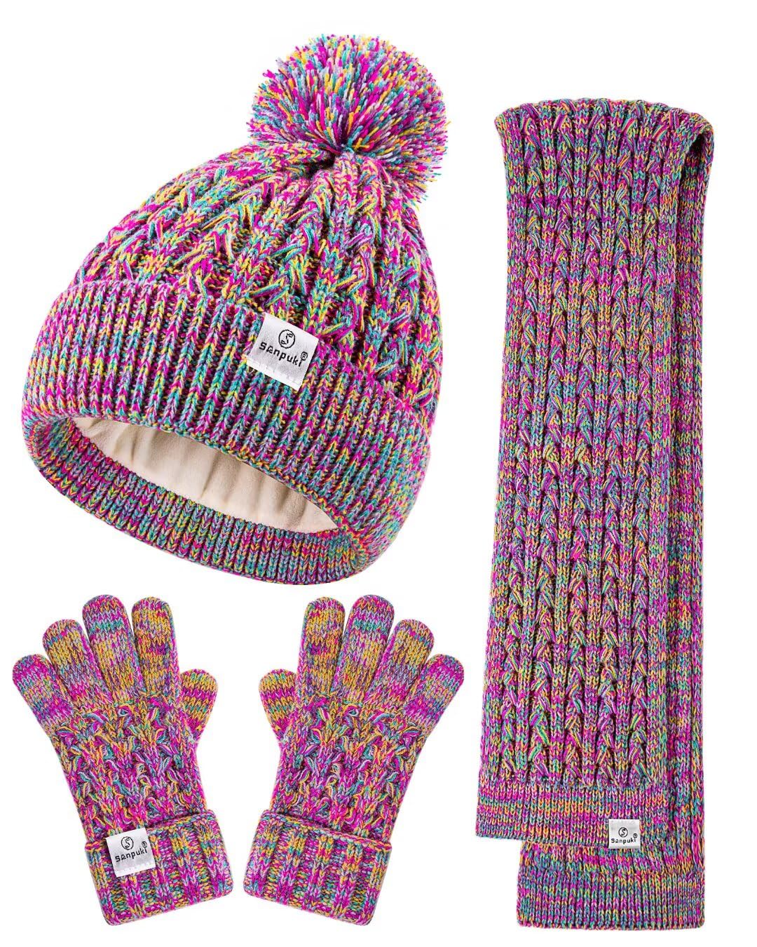 Kids Winter Hat Gloves Scarf Set,Girls Toddler Winter Hat Beanie with Pom Neck Warmer Gaiter Mittens Fleece Lined Set