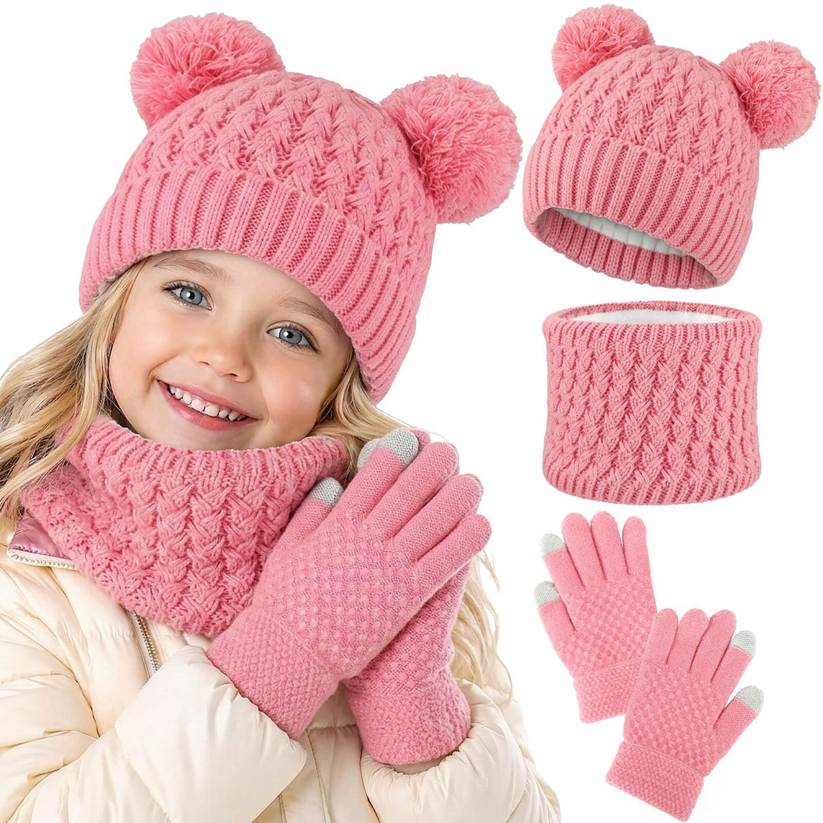 BQUBO Kids Winter Hat Gloves Scarf Set, Unisex Children Beanie Hat with Pom