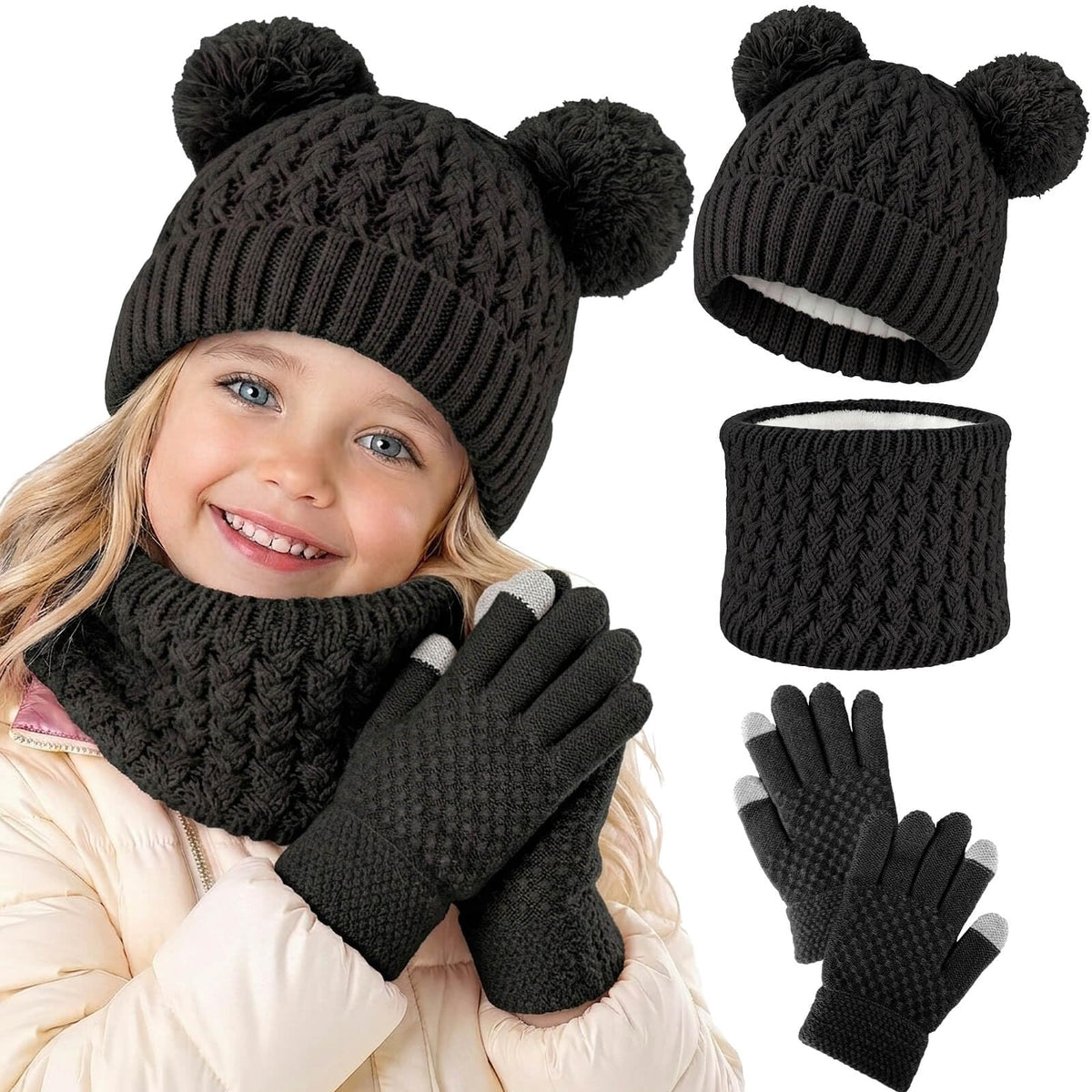 BQUBO Kids Winter Hat Gloves Scarf Set, Unisex Children Beanie Hat with Pom