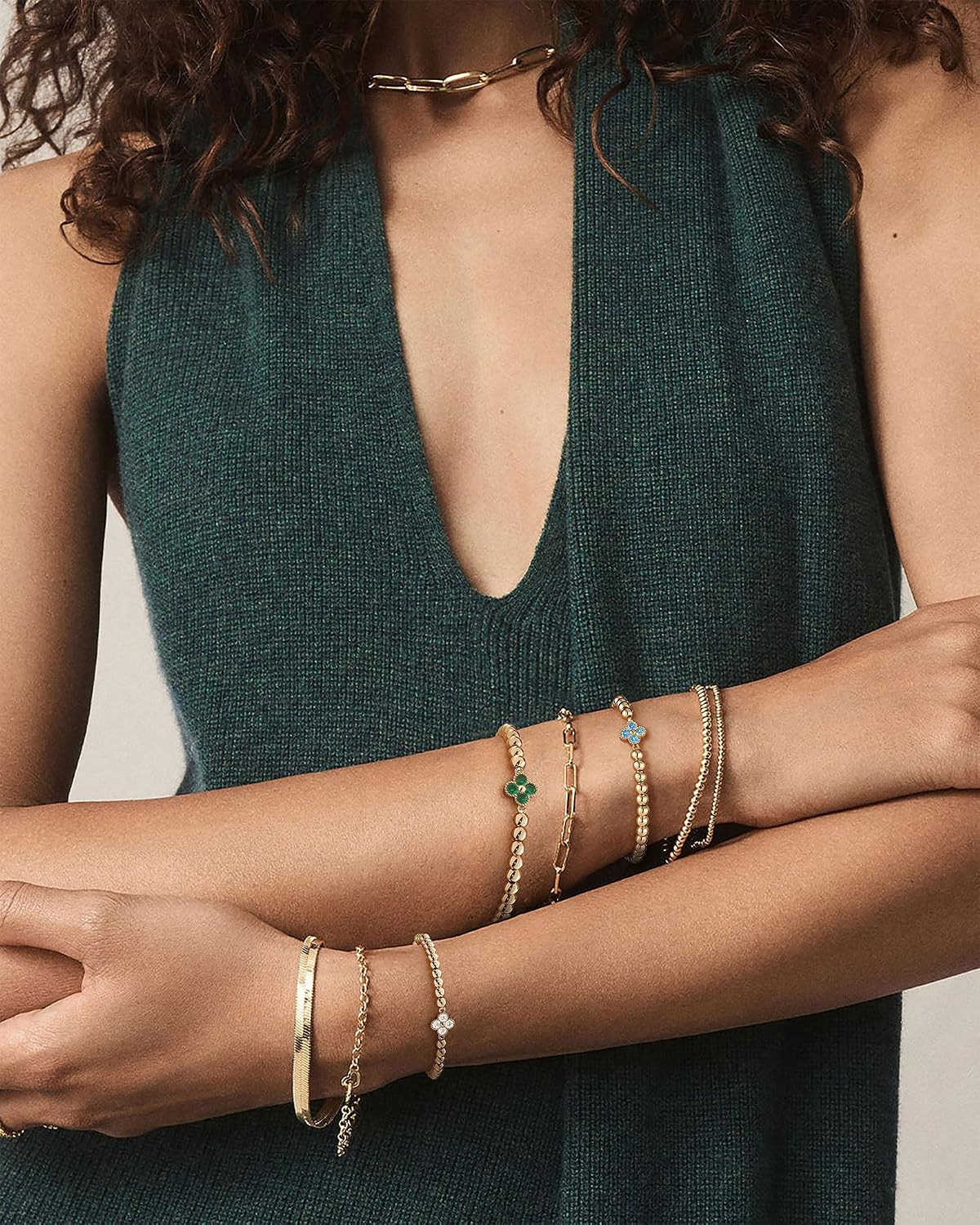 Birthstone Gold Bracelets for Women Non Tarnish Elastic 14K Gold Plated Bead Bracelets Trendy CZ Clover Bracelet Stackable Friendship Bracelets Dainty Jewelry Gifts for Mom Best Friend