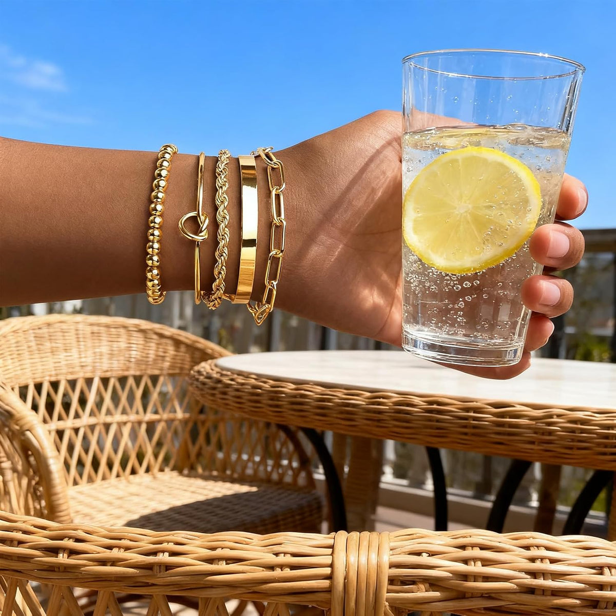 Gold Bracelets for Women, 5 Pcs Non-Tarnish Gold Plated Stackable Bangles with Beaded, Knot, Twisted, Cuff & Chain Designs, Everyday Jewelry Gifts