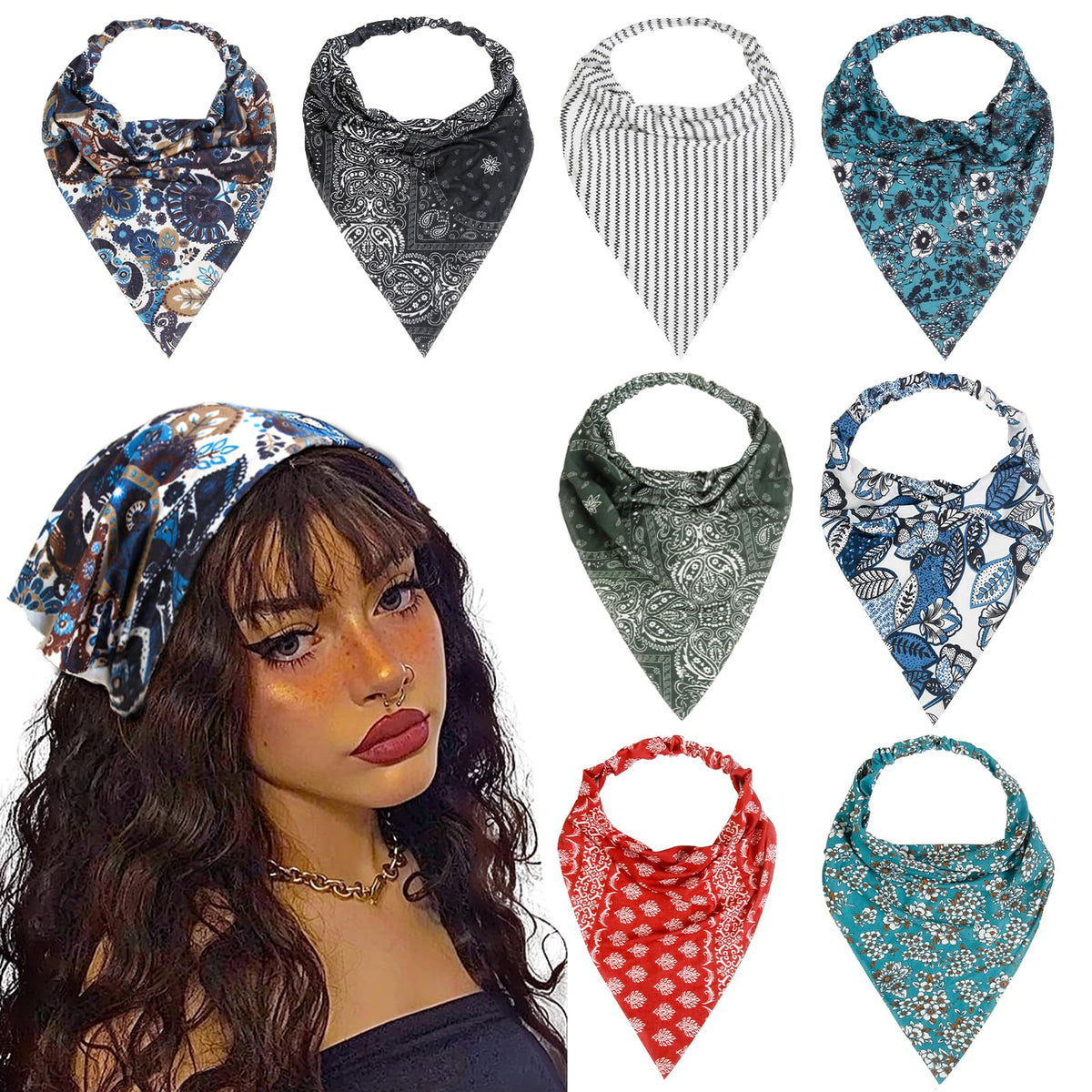 WOVOWOVO 8 Pcs Hair Scarf Headband for Women Girls Non Slip Elastic Boho Triangle Head Scarf Bandana