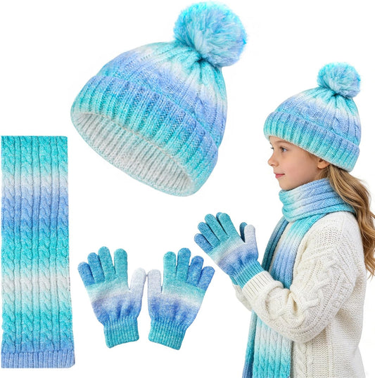 Kids Winter Beanie Hat Gloves Scarf Set, Girls Toddler Children Beanie Hats Gloves Knit Set Neck Warmer for Girls 2-8 year