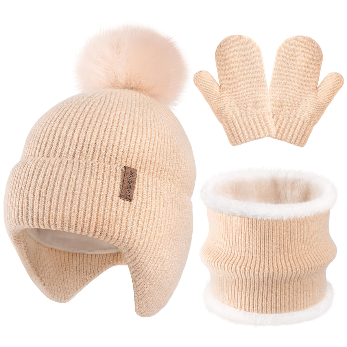 HONGTEYA Toddler Girls Winter Hat Gloves Scarf Set Warm Fleece Lined Knit