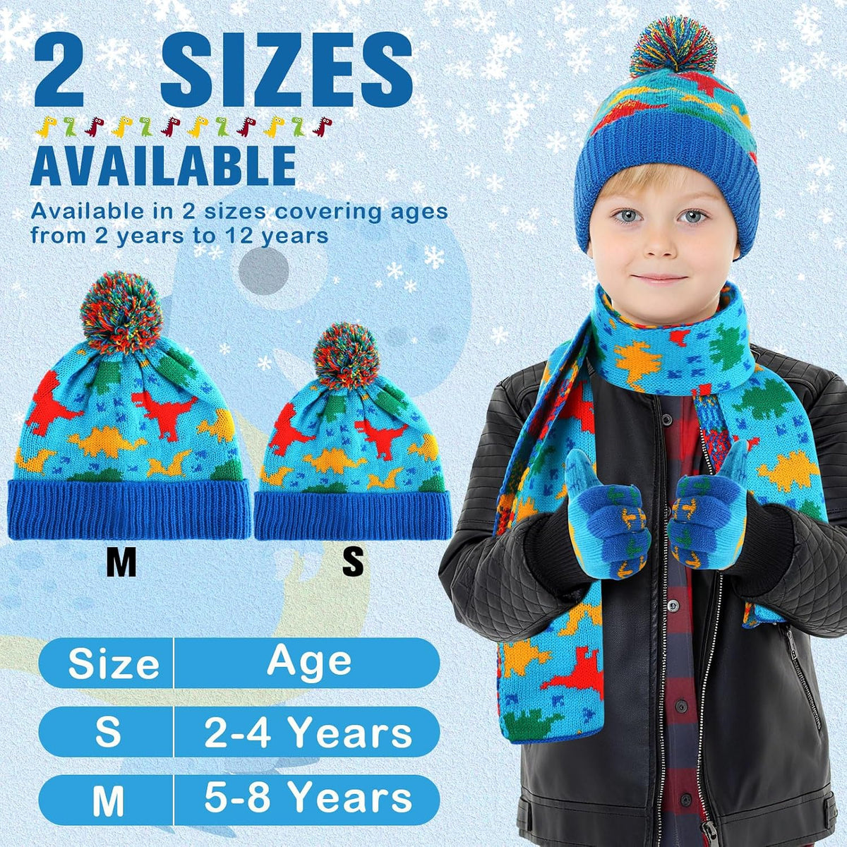 Kids Winter Hat Scarf Gloves Set Dinosaur Knit