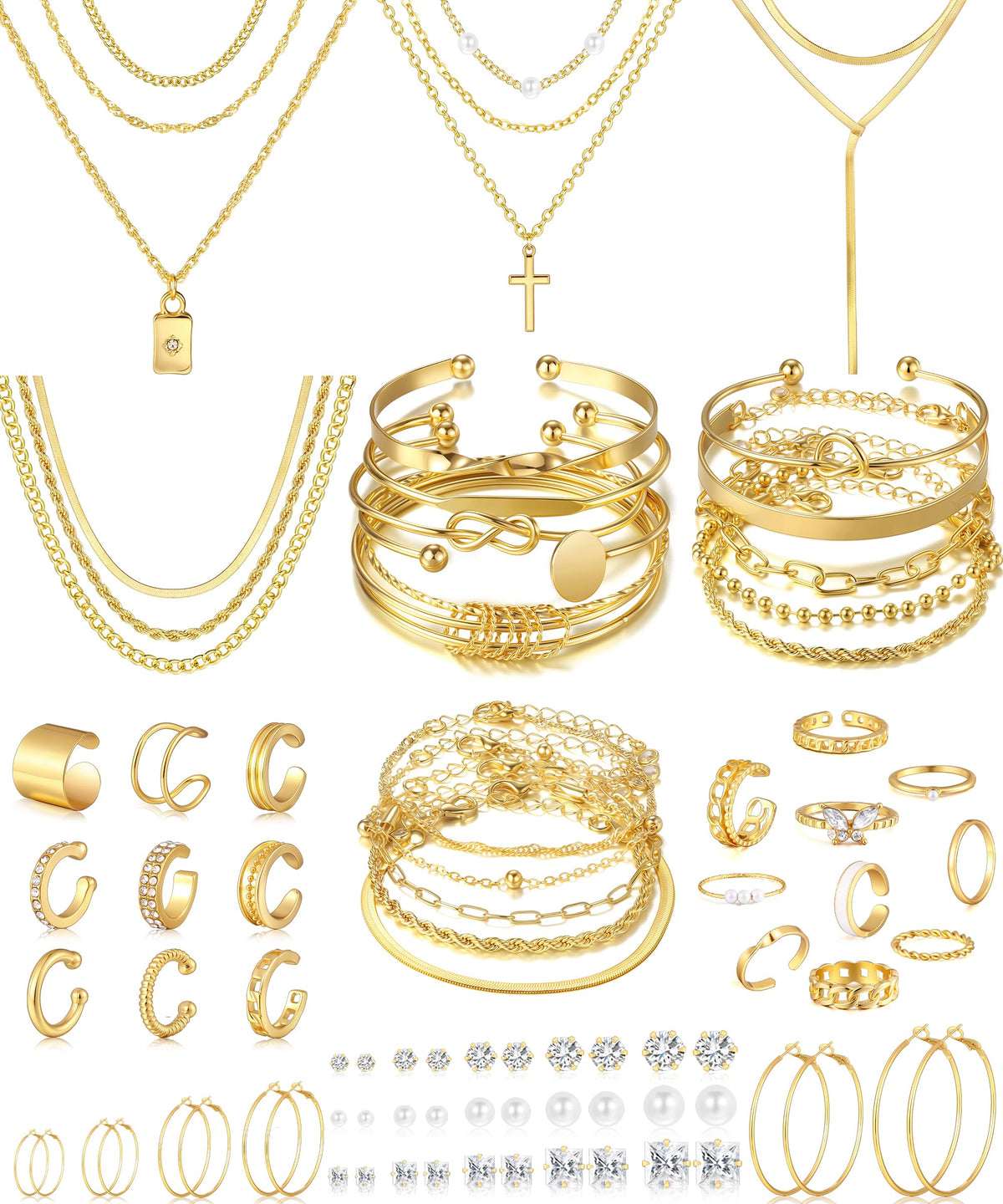 17 MILE 78 Pieces Gold Jewelry Set for Women, 9 Necklace, 24 Bangle Bracelet, 22 Earrings, 23 Knuckle Rings Gold Plated Jewerly set for Women Gift