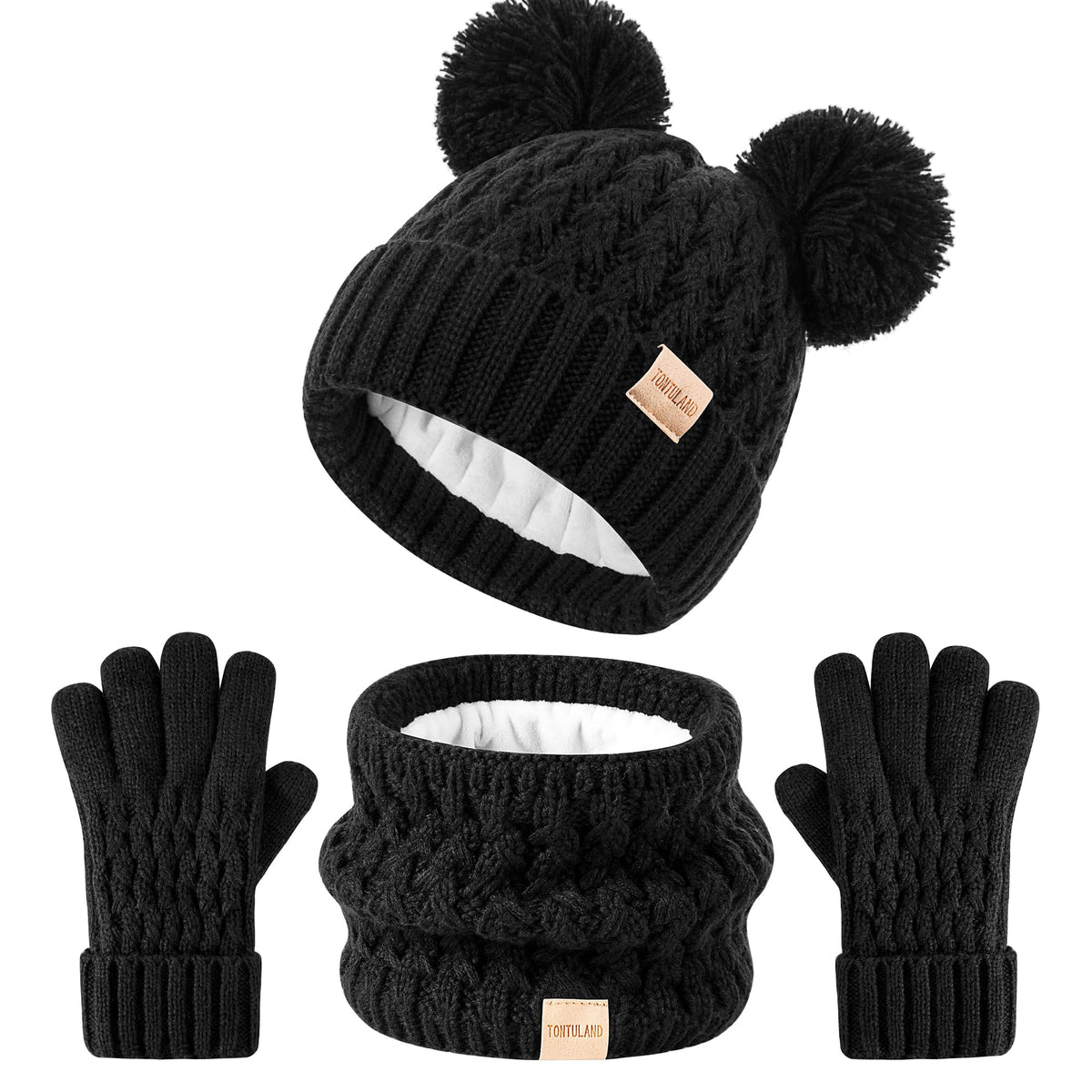 Kids Winter Hat Scarf Gloves Set Children's Warm Knit Fleece Lined Pompom Hat for Boys and Girls Ages 3-9