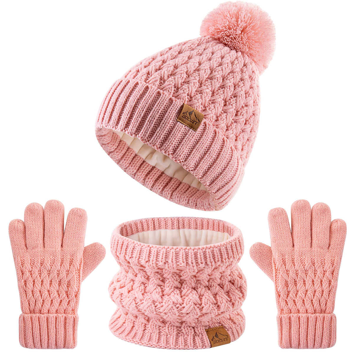 Kids Pompom Winter Beanie Hat Scart Gloves Set,Boys Girls Knitted Fleece Lined Woollen Hat for Children's 3-9 Years