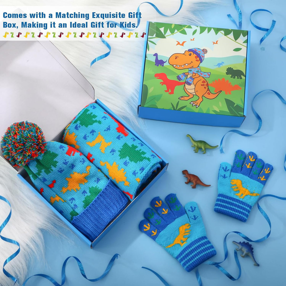 Kids Winter Hat Scarf Gloves Set Dinosaur Knit