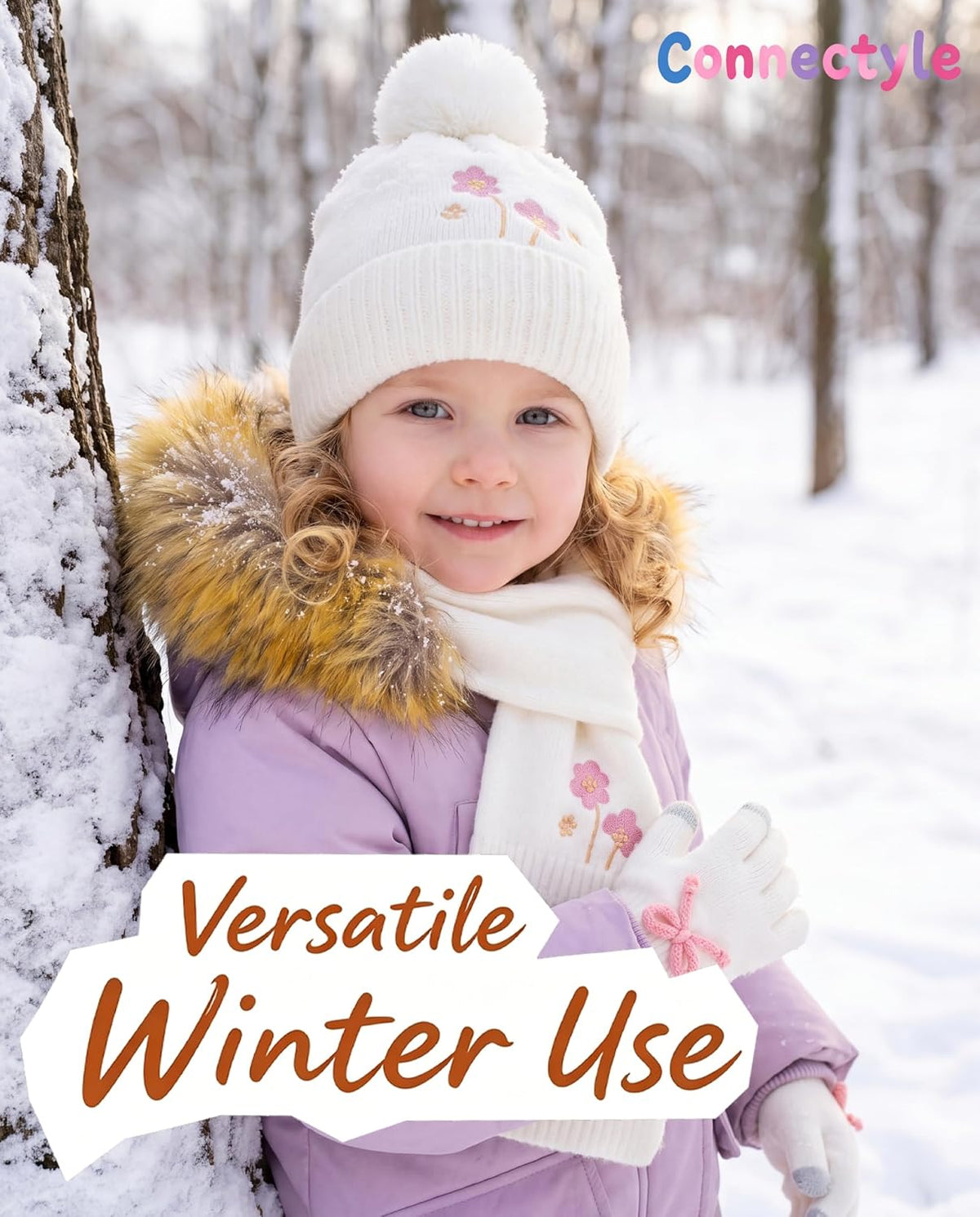 Connectyle Girls Winter Hat Scarf Gloves Set Warm Fleece Lined Pom Beanie