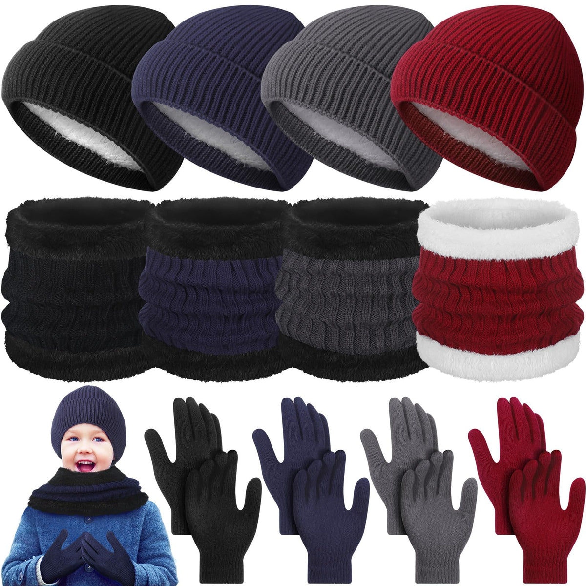 Geyoga 12 Pcs Kids Knitted Winter Hat Gloves Scarf Set for 5-8