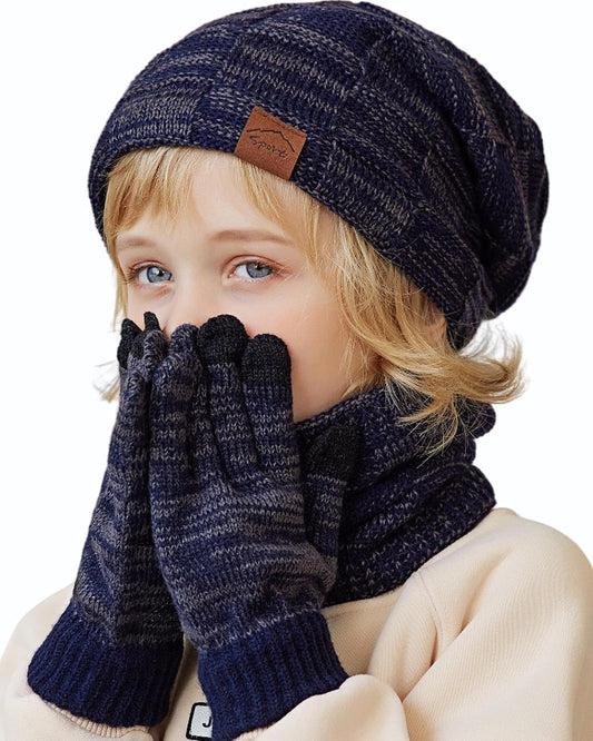 KMOLY Kids Winter Hat TouchScreen Gloves Scarf Set Warm Fleece Lined 4-10Y