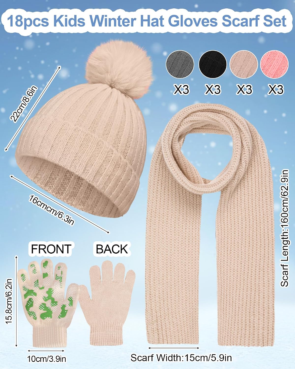 JaGely 12 Pcs Winter Hat Gloves Scarf Set Kids Knit Pompom Beanie Hat Gloves Neck Scarves for Cold Weather Beanies for Gift
