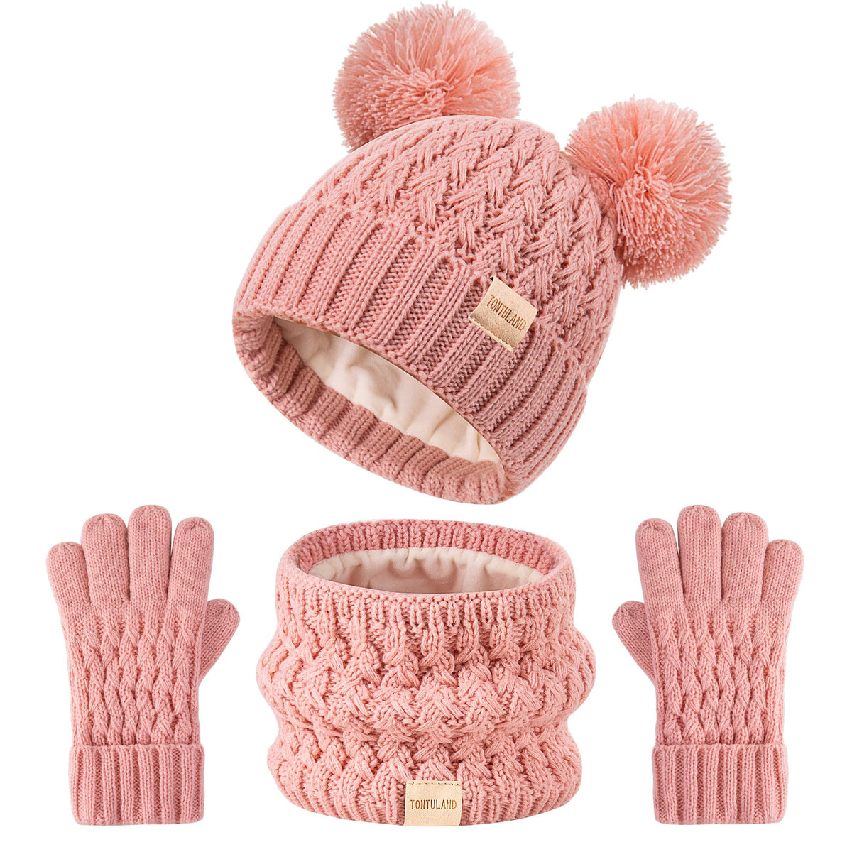 Kids Winter Hat Scarf Gloves Set Children's Warm Knit Fleece Lined Pompom Hat for Boys and Girls Ages 3-9