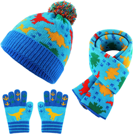 Kids Winter Hat Scarf Gloves Set Dinosaur Knit