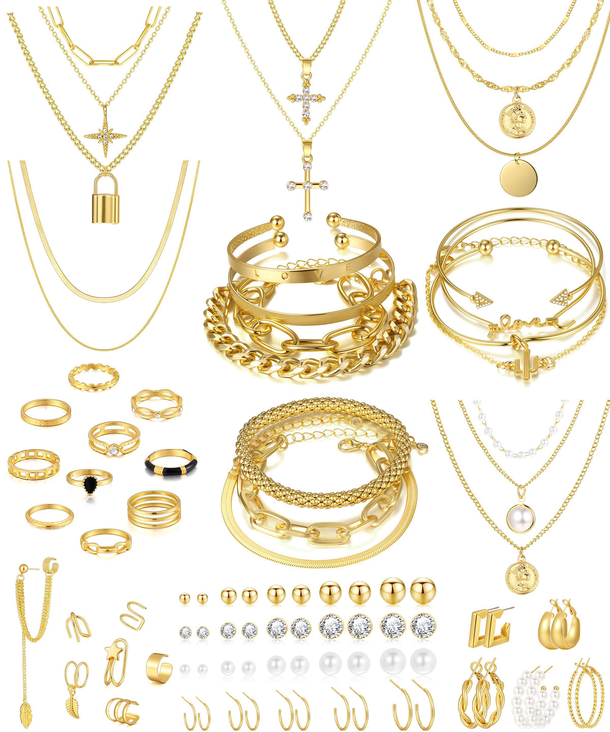 17 MILE 78 Pieces Gold Jewelry Set for Women, 9 Necklace, 24 Bangle Bracelet, 22 Earrings, 23 Knuckle Rings Gold Plated Jewerly set for Women Gift