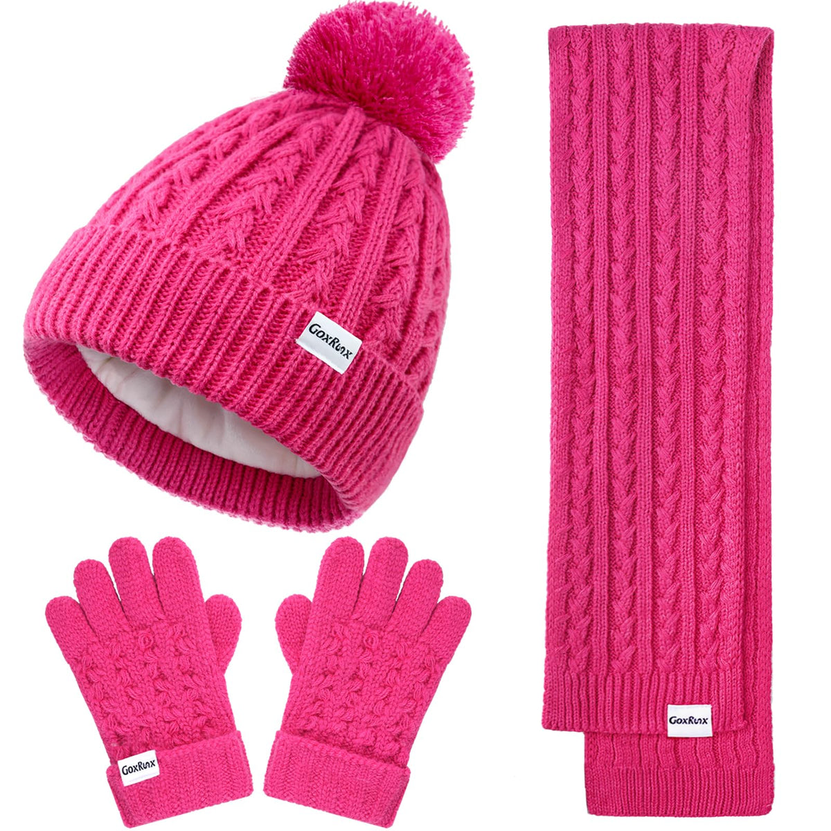 Kids Winter Hat Gloves Scarf Set, Girls Boys Winter Beanie Hat Mittens Scarf Knit Set with Thick Fleece Lined for Children