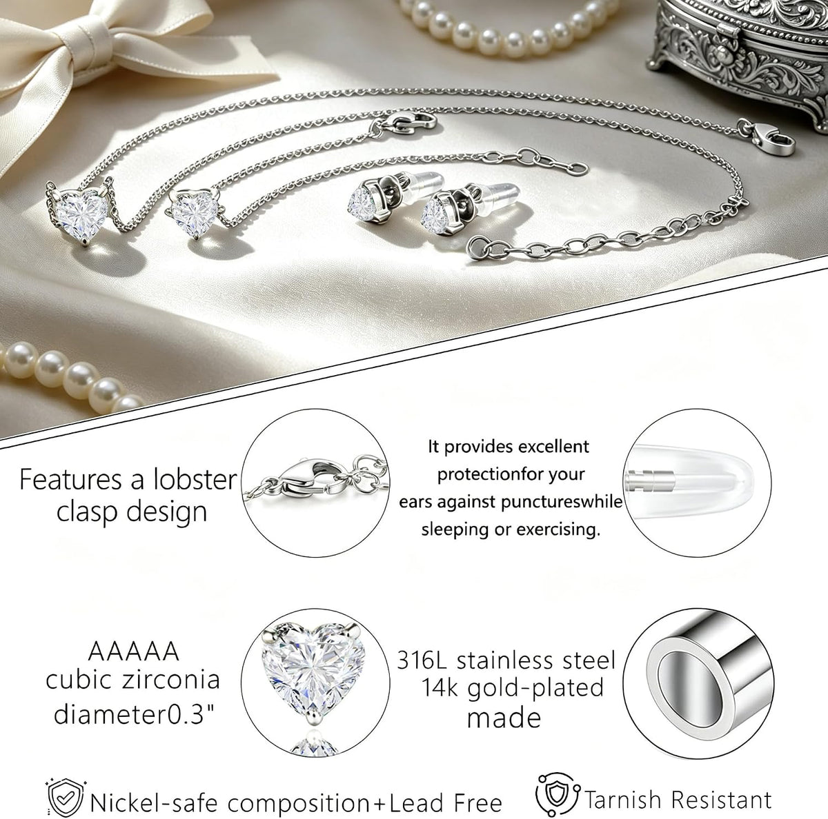 14K Gold Plated Heart CZ Jewelry Set for Women