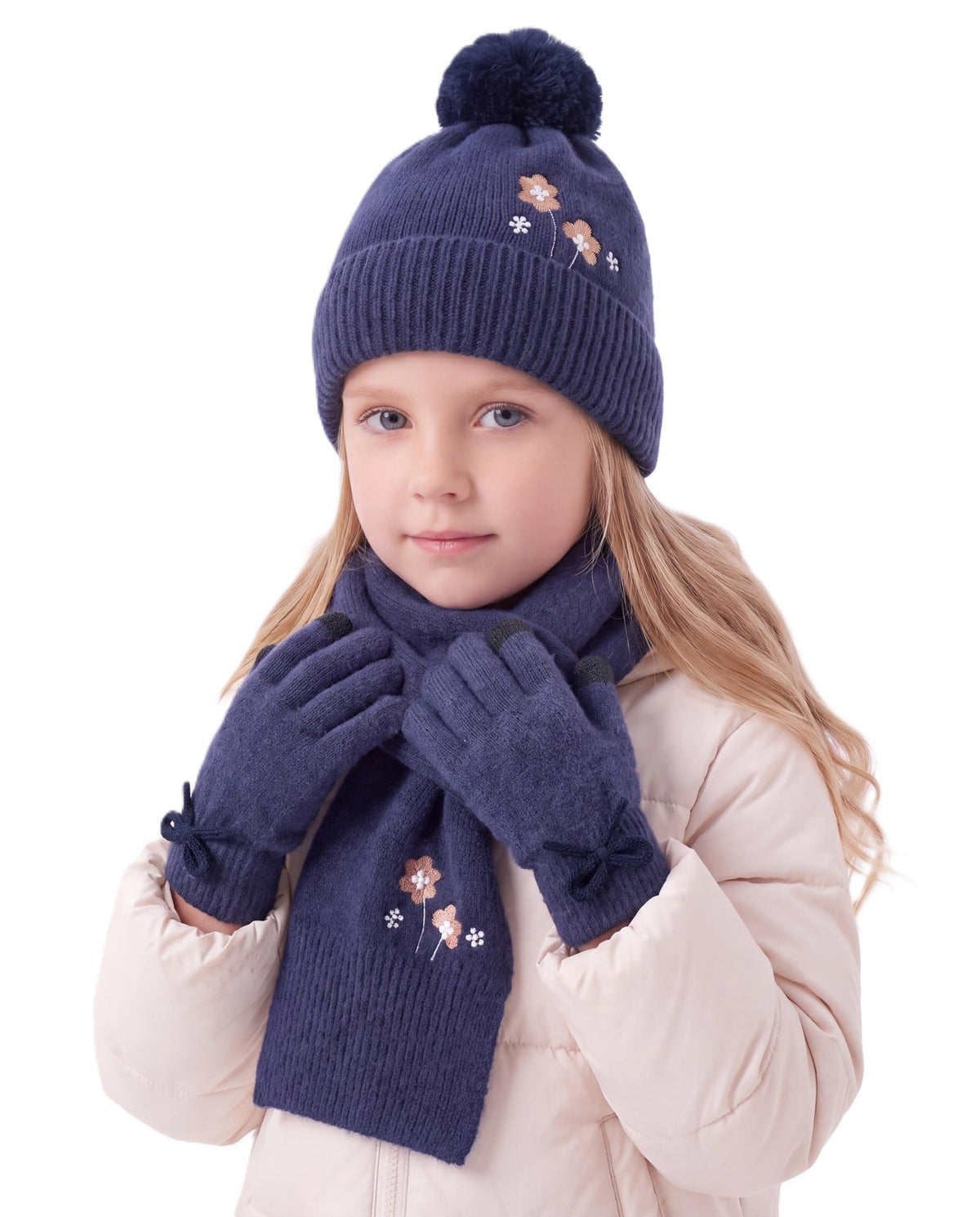 Connectyle Girls Winter Hat Scarf Gloves Set Warm Fleece Lined Pom Beanie