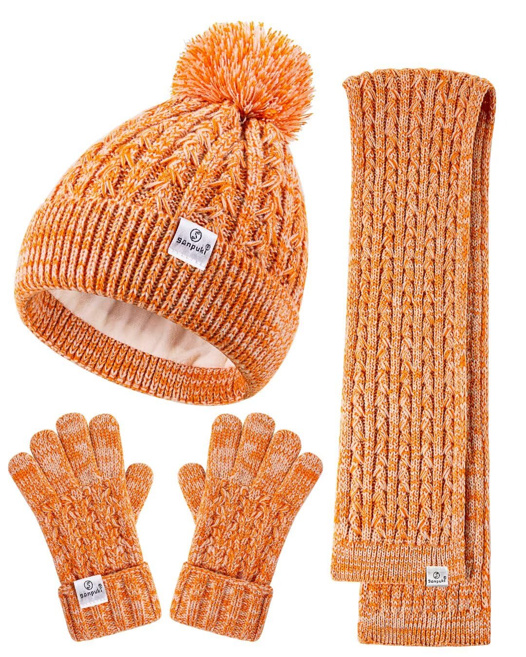 Kids Winter Hat Gloves Scarf Set,Girls Toddler Winter Hat Beanie with Pom Neck Warmer Gaiter Mittens Fleece Lined Set