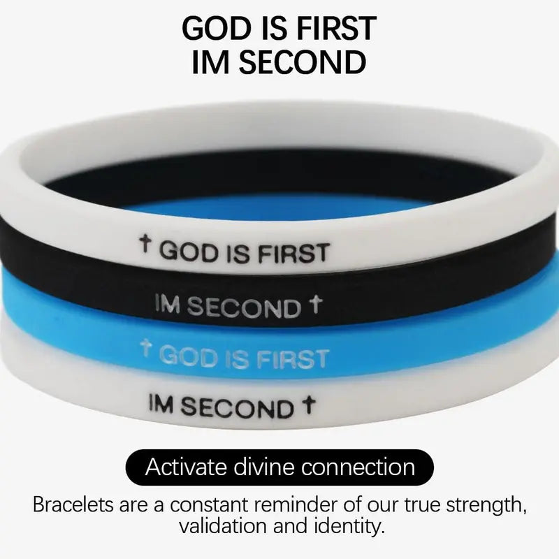 God Is First I Am Second Silicone Stretchy Bracelet - Cross Pattern, Sweatproof Elastic One Size Wristband with Motivational Bible Verses, Religious Jewelry Gift for Women
