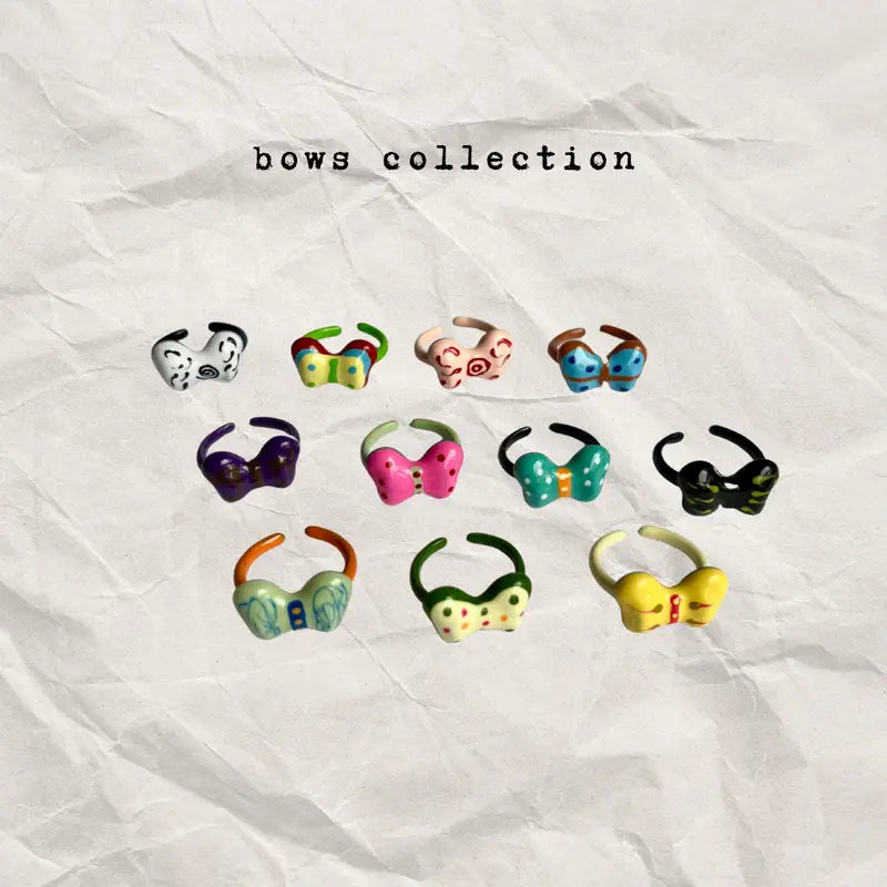 Handmade Bow Rings Cold Enamel Non Tarnish Size Adjustable Open Rings Stackable Retro Whimsical Fun Funky Chunky Y2K Colorful
