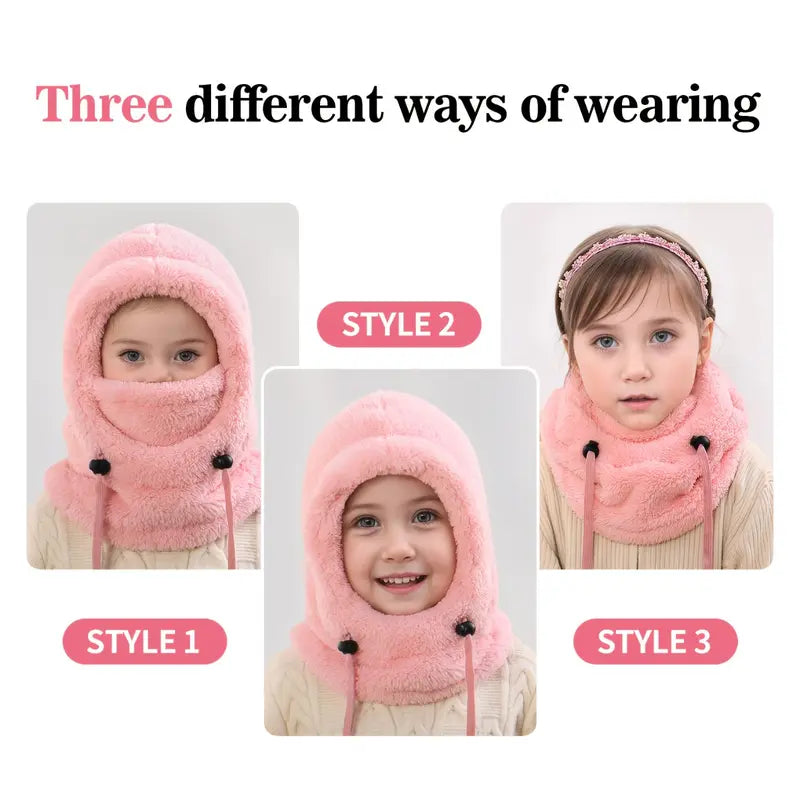 Kids' Windproof Thermal Balaclava Full Face Mask (Ages 3-10) - Soft Fleece, Detachable Hood Collar, Neck Warmer Hat, Motorcycle Protective Gear, Neck-to-Face Cover, Windproof Seal, Hand Wash (Black, Khaki, Pink) - Khaki 1