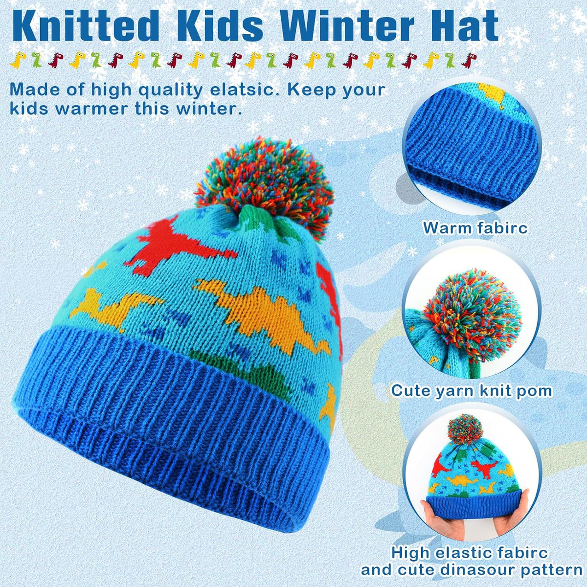 Kids Winter Hat Scarf Gloves Set Dinosaur Knit