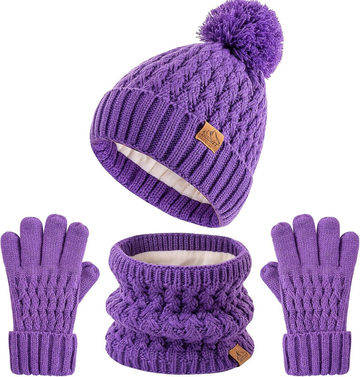 Kids Pompom Winter Beanie Hat Scart Gloves Set,Boys Girls Knitted Fleece Lined Woollen Hat for Children's 3-9 Years