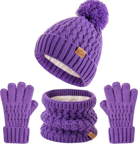 Kids Pompom Winter Beanie Hat Scart Gloves Set,Boys Girls Knitted Fleece Lined Woollen Hat for Children's 3-9 Years