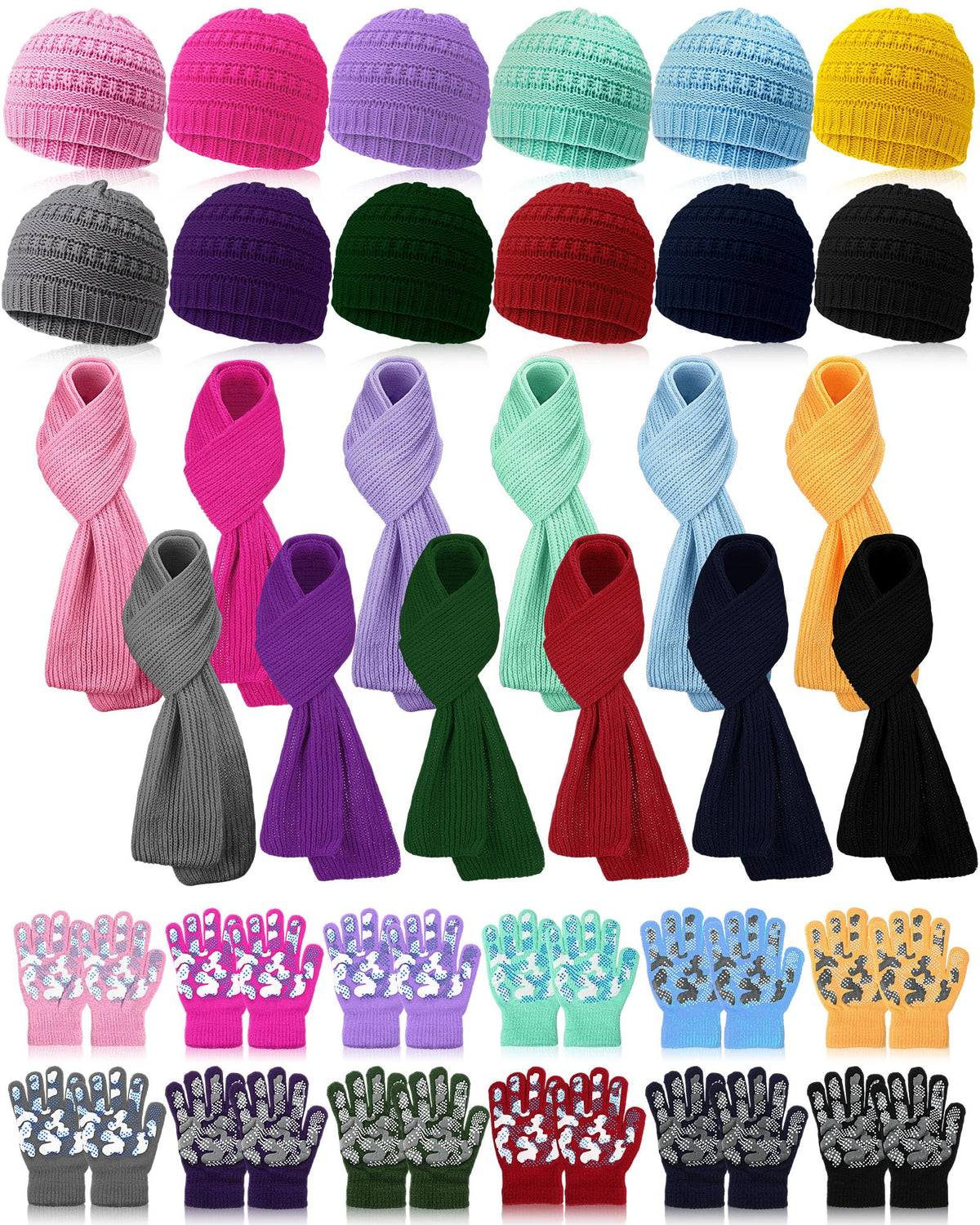 JaGely Kids Hat Gloves Scarf Winter Set, Warm Knitted Beanie Caps Scarves Gloves Bulk for Boys Girls Donation Cold Weather
