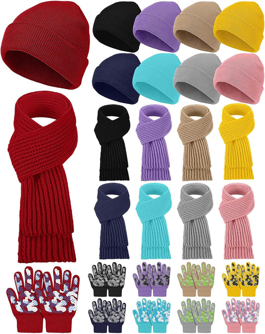 JaGely Kids Hat Gloves Scarf Winter Set, Warm Knitted Beanie Caps Scarves Gloves Bulk for Boys Girls Donation Cold Weather