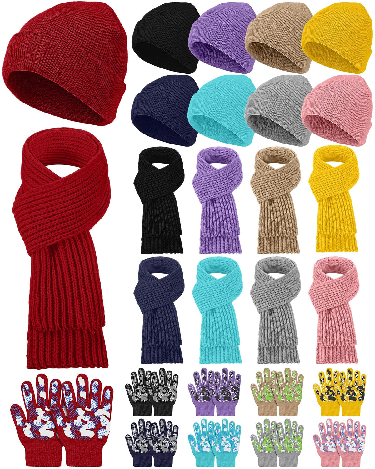 JaGely Kids Hat Gloves Scarf Winter Set, Warm Knitted Beanie Caps Scarves Gloves Bulk for Boys Girls Donation Cold Weather