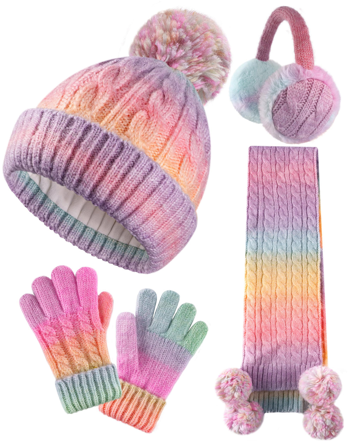 HONGTEYA 4 Pcs Kids Winter Hat Gloves Scarf Set, Thicken Warm Earmuff Neck Warmer Set for Boys Girls 3-15