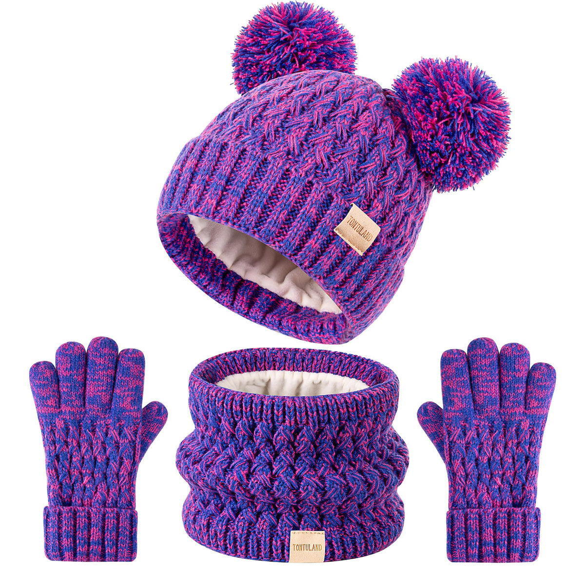 Kids Winter Hat Scarf Gloves Set Children's Warm Knit Fleece Lined Pompom Hat for Boys and Girls Ages 3-9