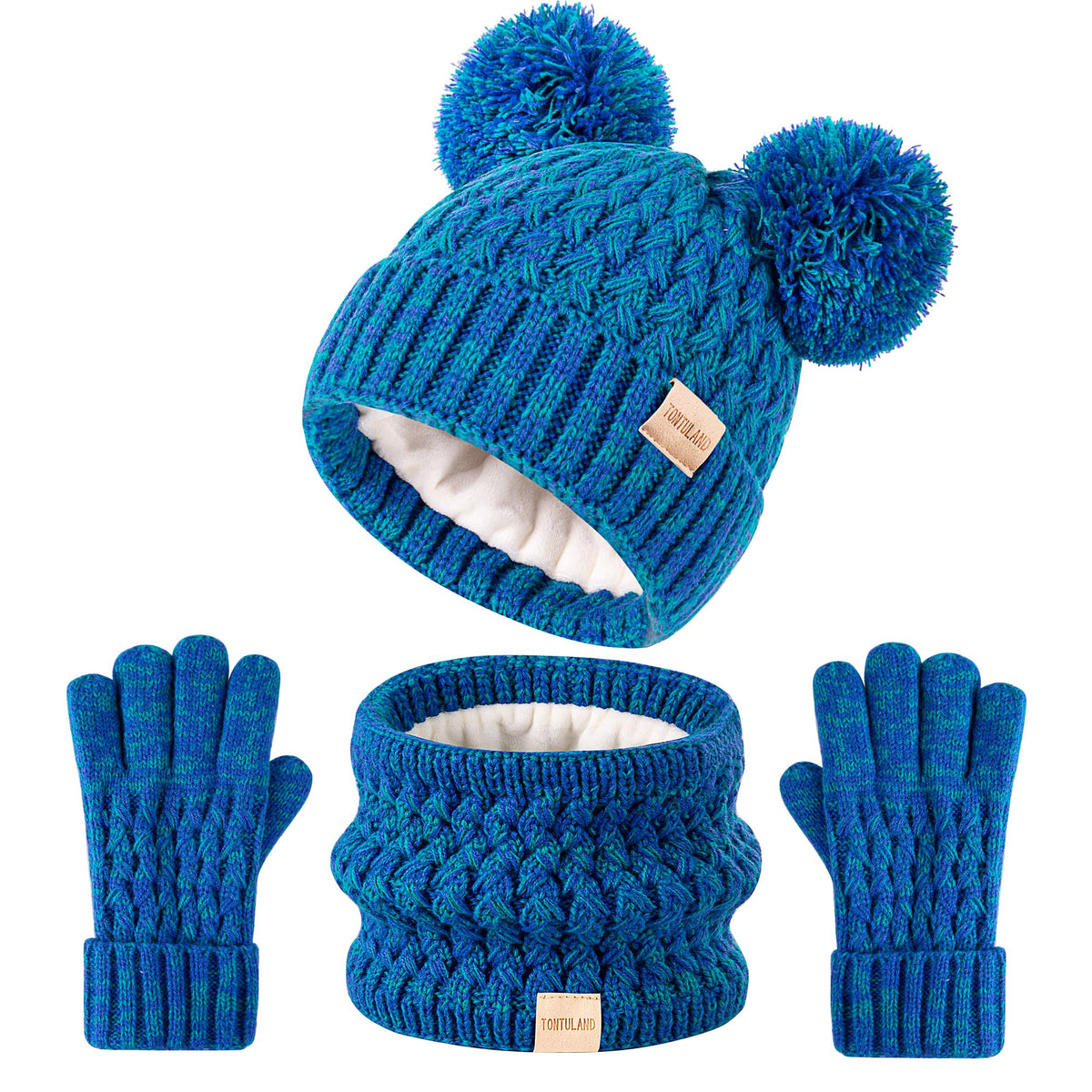 Kids Winter Hat Scarf Gloves Set Children's Warm Knit Fleece Lined Pompom Hat for Boys and Girls Ages 3-9