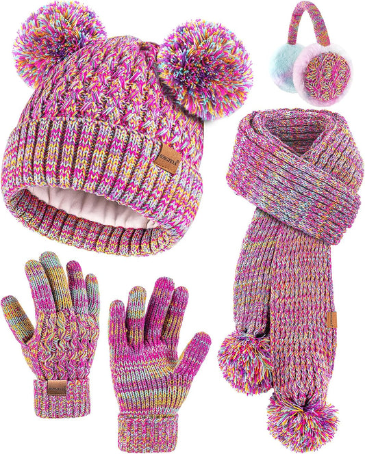 HONGTEYA 4PCS Kids Girls Winter Hat Gloves Scarf Earmuffs Set Aged 3-15Y
